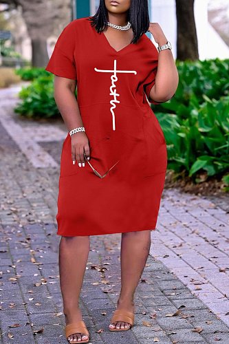 V Neck Short Sleeve Pocket Loose Casual Dress TB-5402