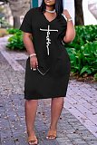 V Neck Short Sleeve Pocket Loose Casual Dress TB-5402