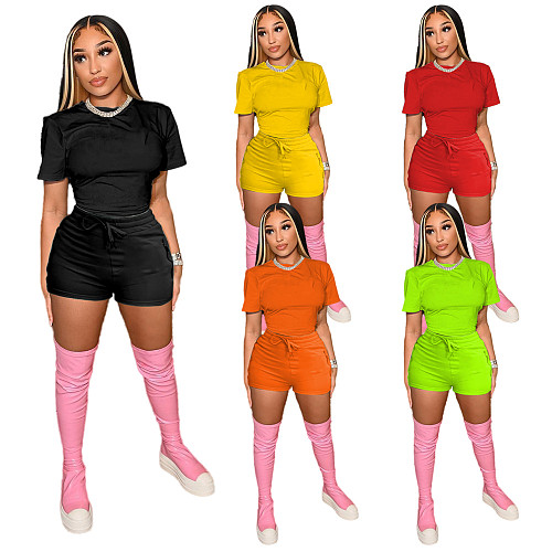 Solid Short Sleeve T Shirt Bodycon Biker Shorts 2 Pcs YUM-9097