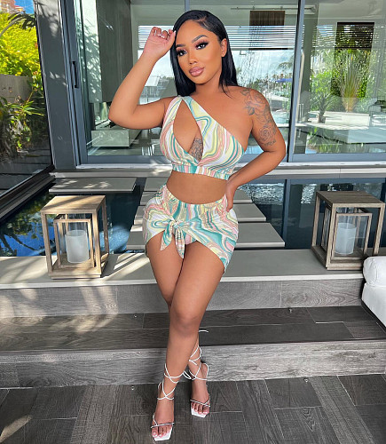 Print Hollow Out Crop Top+Underwear+Mini Skirt Sets HMS-5535