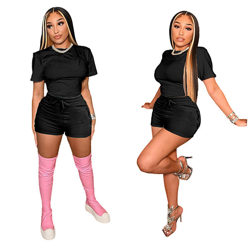 Solid Short Sleeve T Shirt Bodycon Biker Shorts 2 Pcs YUM-9097