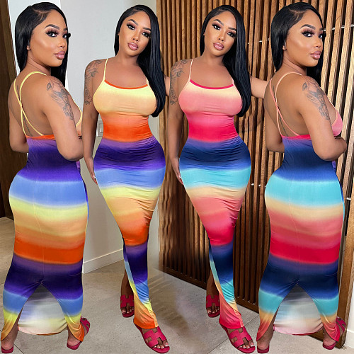 Gradient Chic Print Backless Skinny Maxi Dress JP-1062