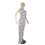 Zebra Sleeveless Asymmetrical High Slit Dress SHD-9812