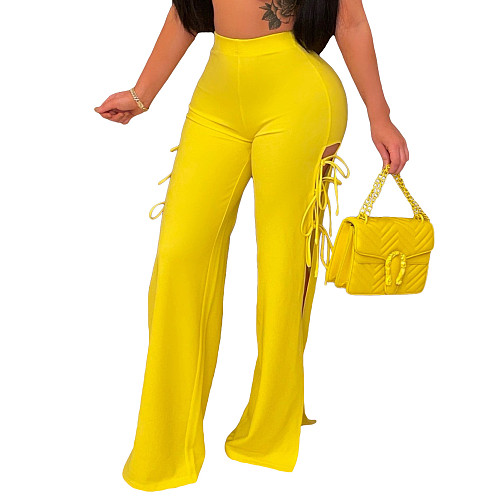 Solid Color Side Hollow Out Lace Up Flare Pants ML-7470