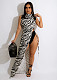 Zebra Sleeveless Asymmetrical High Slit Dress SHD-9812