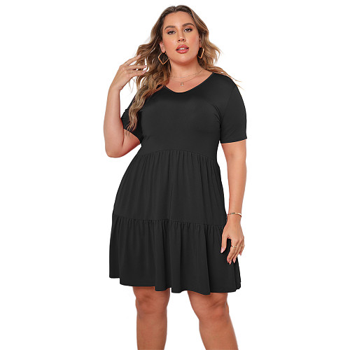 Plus Size Short Sleeve V-Neck Pleated Loose Dress HEJ-6112