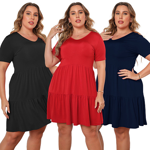 Plus Size Short Sleeve V-Neck Pleated Loose Dress HEJ-6112