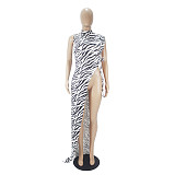 Zebra Sleeveless Asymmetrical High Slit Dress SHD-9812