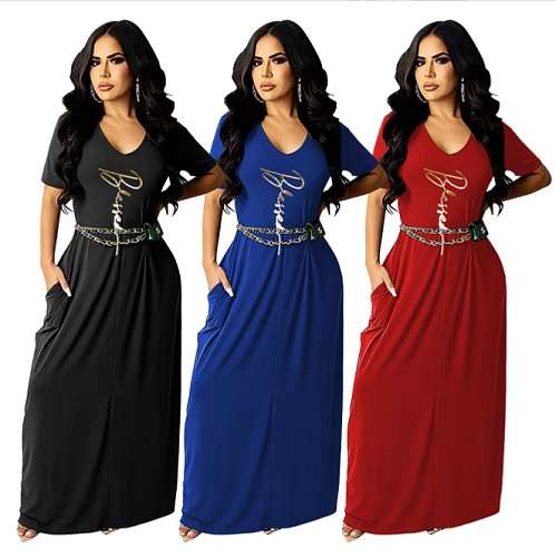 V-neck Short Sleeve With Pockets Loose Maxi Dresses BNY-7244