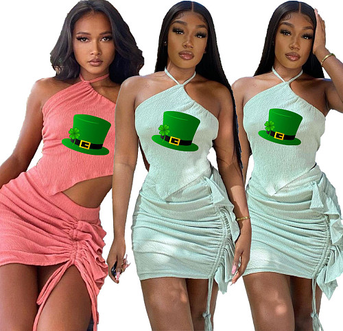 Halter Crop Top+Ruffle Drawstring Mini Skirt Set ZAND-31191