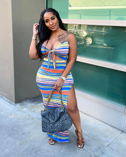 Elegant Striped Cut Out High Slit Vacation Dresses BGN-235