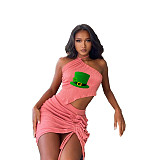 Halter Crop Top+Ruffle Drawstring Mini Skirt Set ZAND-31191