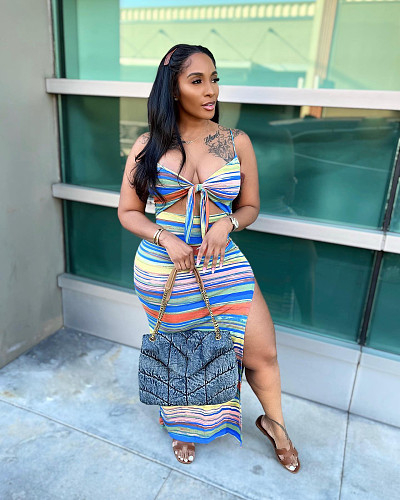 Elegant Striped Cut Out High Slit Vacation Dresses BGN-235