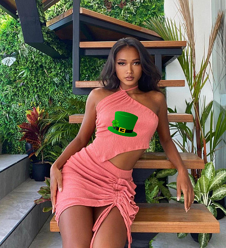 Halter Crop Top+Ruffle Drawstring Mini Skirt Set ZAND-31191