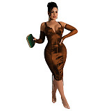 Stain Mesh Patchwork Front Zipper Dress With Gloves CN-0167
