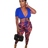 V Neck Lace Up Crop Top+Printing Legging Pants Set MEM-88421