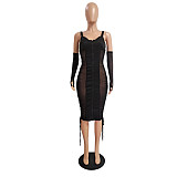 Stain Mesh Patchwork Front Zipper Dress With Gloves CN-0167