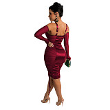 Stain Mesh Patchwork Front Zipper Dress With Gloves CN-0167