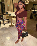 V Neck Lace Up Crop Top+Printing Legging Pants Set MEM-88421