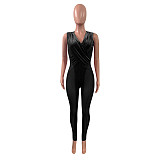 Sheer Mesh Patchwork Velvet Wrap V Neck Jumpsuits NIK-282