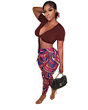 V Neck Lace Up Crop Top+Printing Legging Pants Set MEM-88421
