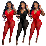 Sheer Mesh Patchwork Velvet Wrap V Neck Jumpsuits NIK-282