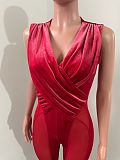 Sheer Mesh Patchwork Velvet Wrap V Neck Jumpsuits NIK-282