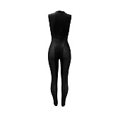 Sheer Mesh Patchwork Velvet Wrap V Neck Jumpsuits NIK-282