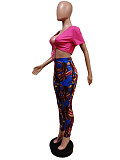 V Neck Lace Up Crop Top+Printing Legging Pants Set MEM-88421