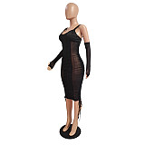 Stain Mesh Patchwork Front Zipper Dress With Gloves CN-0167