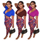 V Neck Lace Up Crop Top+Printing Legging Pants Set MEM-88421
