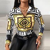 Classic Print Turn Down Collar Long Sleeve Shirts Blouse OYW-20650