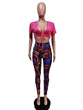 V Neck Lace Up Crop Top+Printing Legging Pants Set MEM-88421
