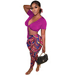 V Neck Lace Up Crop Top+Printing Legging Pants Set MEM-88421