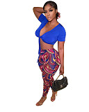 V Neck Lace Up Crop Top+Printing Legging Pants Set MEM-88421