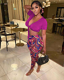 V Neck Lace Up Crop Top+Printing Legging Pants Set MEM-88421