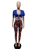 V Neck Lace Up Crop Top+Printing Legging Pants Set MEM-88421