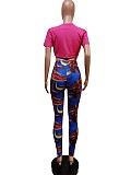 V Neck Lace Up Crop Top+Printing Legging Pants Set MEM-88421