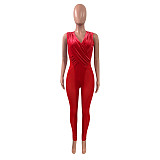 Sheer Mesh Patchwork Velvet Wrap V Neck Jumpsuits NIK-282