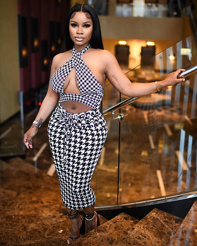 Plaid Halter Backless Hollow Out Skinny Party Dress MDF-5289