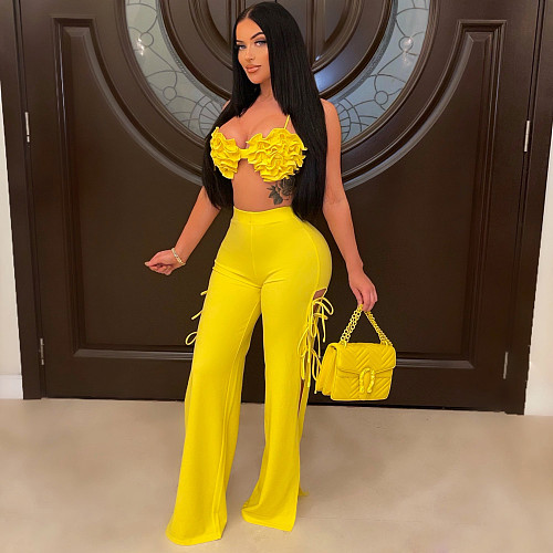 Floral Bra Halter Crop Tops High Side Split Pants Set ML-7468