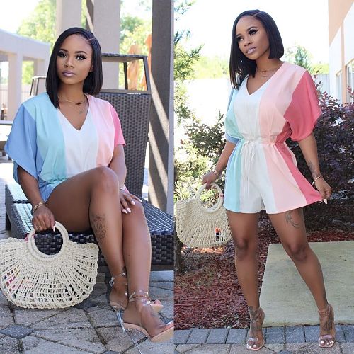 Short Sleeve V Neck Loose Lace Up Romper ORY-5150-1