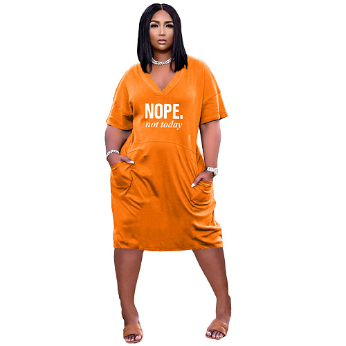 Plus Size V-Neck Short Sleeve Loose Pocket Dresses TK-6221