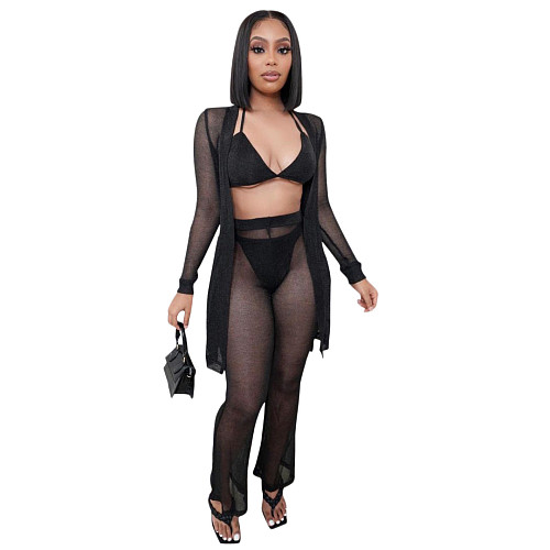 Sheer Mesh Cardigan+Bra Top+Panties+Pants 4 Piece Sets LSL-6430