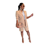 Solid Long Sleeve Single Button Blazer+Shorts Set AIL-205
