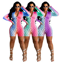 Hollow Out Tie Dye Zipper Long Sleeve Club Romper ANDI-1331