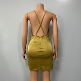 Chic Low Cut Halter Backless Stain Dress XMY-9351