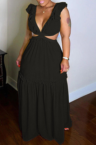 Low Cut Deep V Sleeveless Hollow Out Chiffon Dress MK-3080