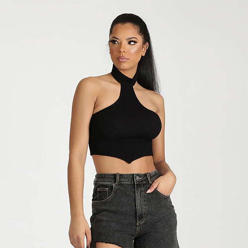 Halter Neck Backless Ribbed Y2K Crop Tops MS-1706