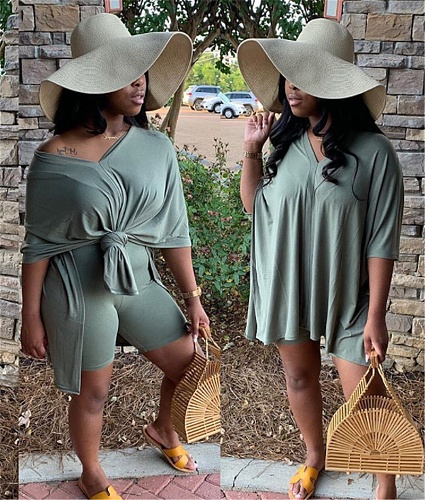 Short Sleeve Solid Irregular Loose Leisure Two Piece Set HZM-6004